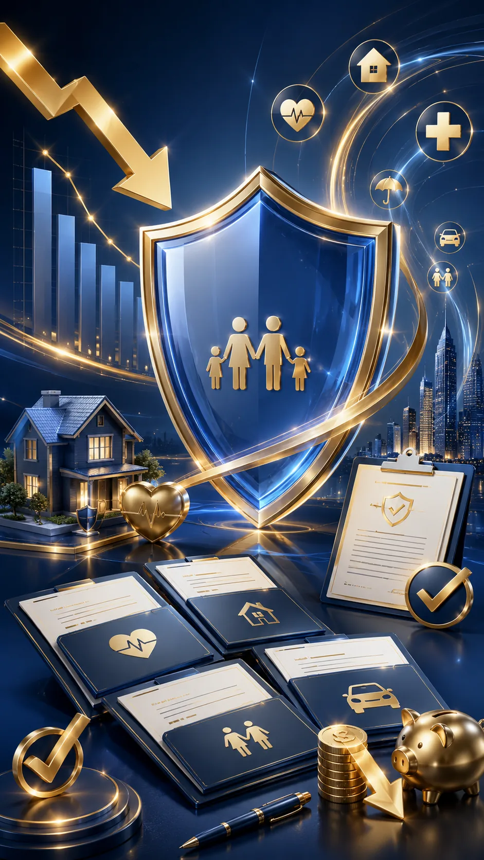 Escudo azul y dorado con documentos de pólizas, símbolos de vida, salud, hogar y ahorro para reducción de seguros